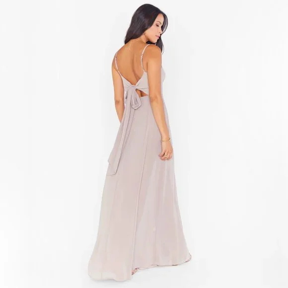 Show Me Your Mumu Lauren Tie Back Dove Grey Chiffon Bridesmaid Maxi Dress - Picture 4 of 16